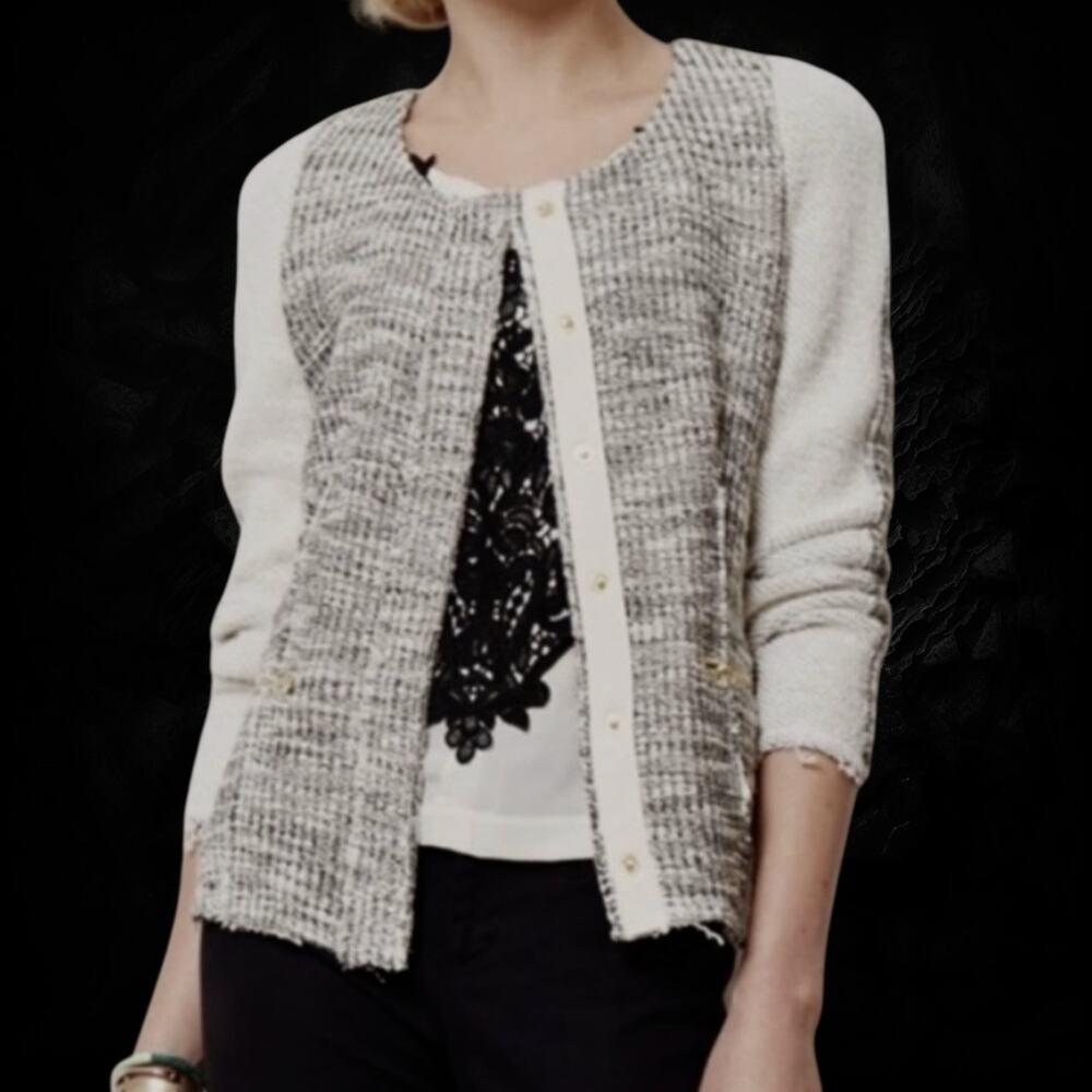 Anthropologie Cartonnier Neutral Tweed Knit Cardigan Jacket Sz S Black and Ivory